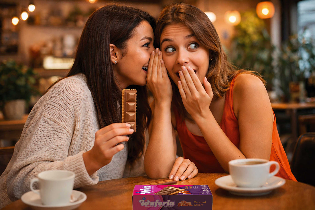 How to Enjoy Waforia - Two ladies in a cafe with coffee enjoying a crispy wafer