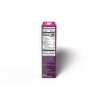 A tall rectangular product box shown upright on a white background, displaying the Nutrition Facts panel on the side. The box is dark purple with a bright pink top and bottom, and small white text is visible near the top edge.