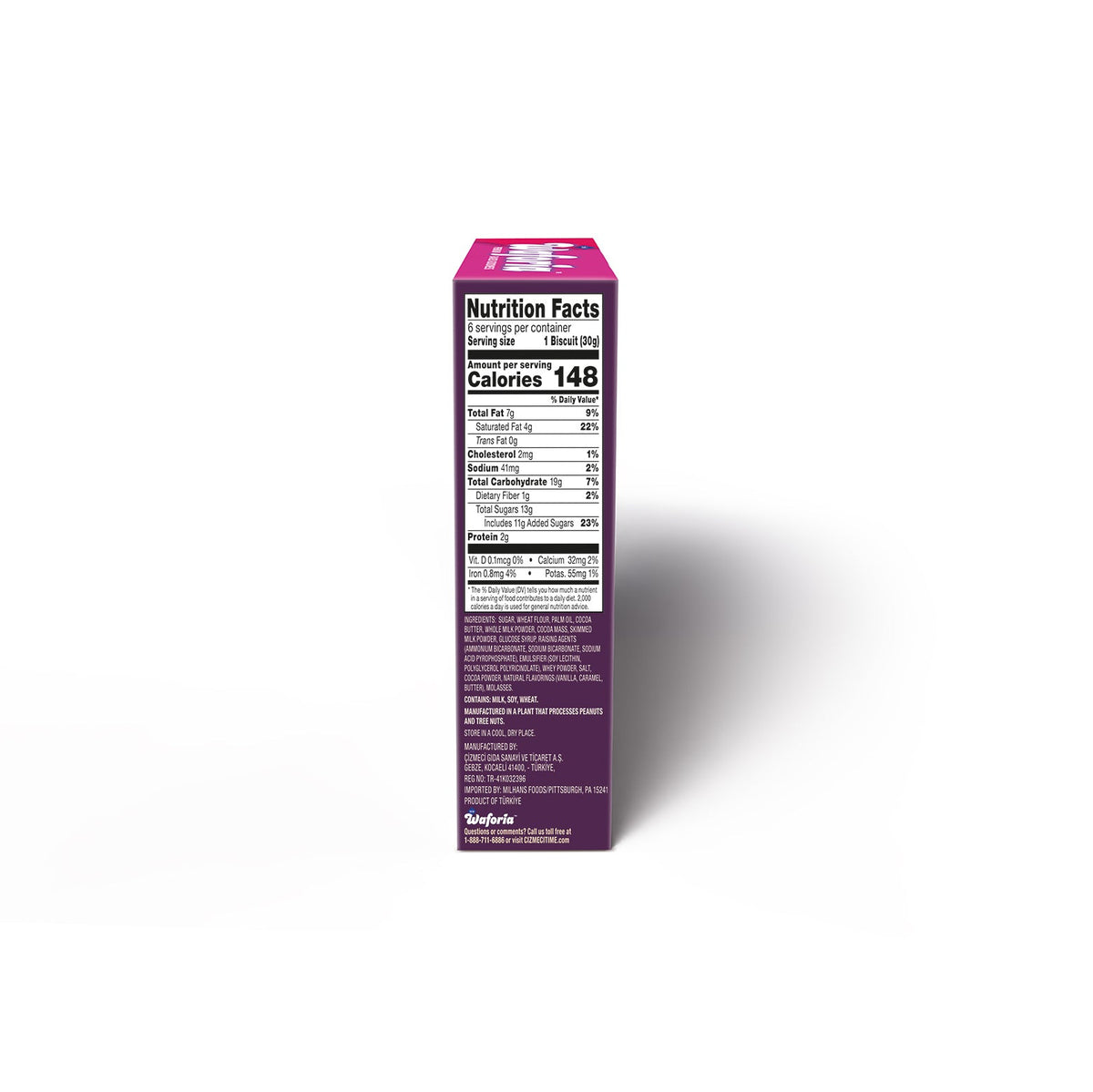 A tall rectangular product box shown upright on a white background, displaying the Nutrition Facts panel on the side. The box is dark purple with a bright pink top and bottom, and small white text is visible near the top edge.