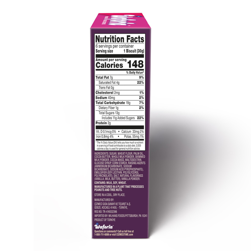 Nutrition facts label on a purple box with white background