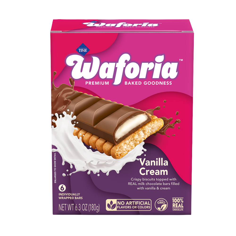 Waforia Vanilla Cream chocolate bar packaging on a white background