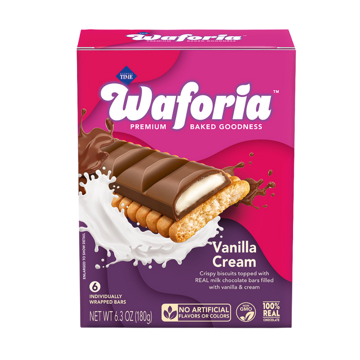 Waforia Vanilla Cream chocolate bar packaging on a white background
