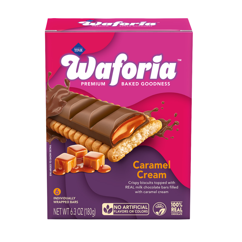 Waforia Caramel Cream biscuit bar packaging on a white background