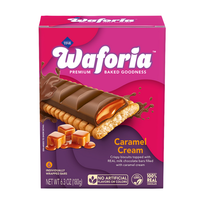 Waforia Caramel Cream biscuit bar packaging on a white background