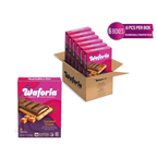 Six boxes of Waforia Premium Caramel Cream Sandwich Wafer bars arranged in a large cardboard shipping box, with one individual box shown in front on a plain white background. A purple badge in the top right reads '6 BOXES 6 PCS PER BOX'.