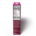 Nutrition facts label on a pink box with white text