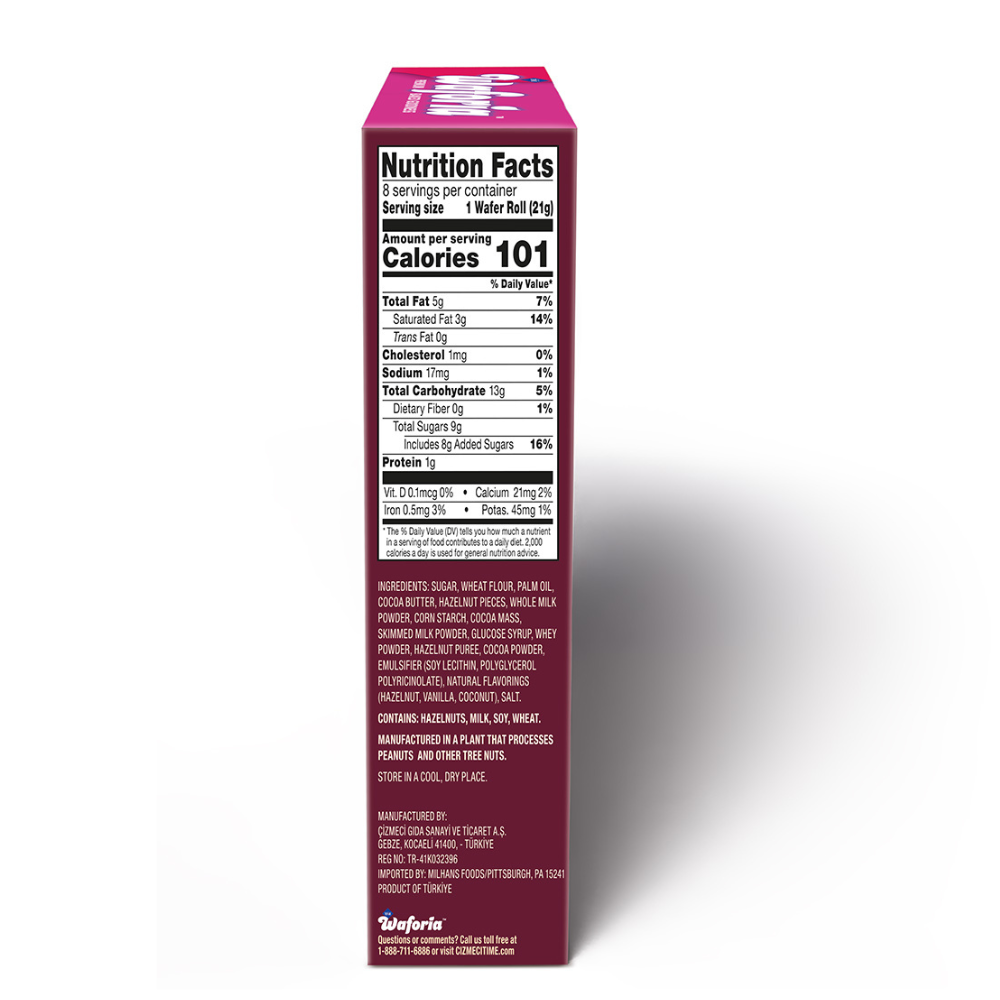 Nutrition facts label on a pink box with white text