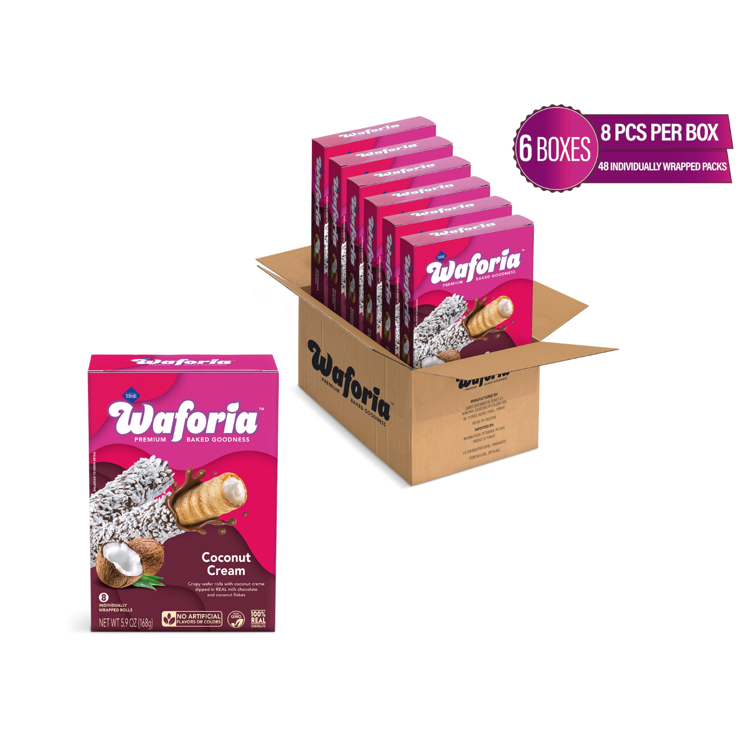Waforia coconut cream wafers packaging with a cardboard box containing multiple boxes on a white background