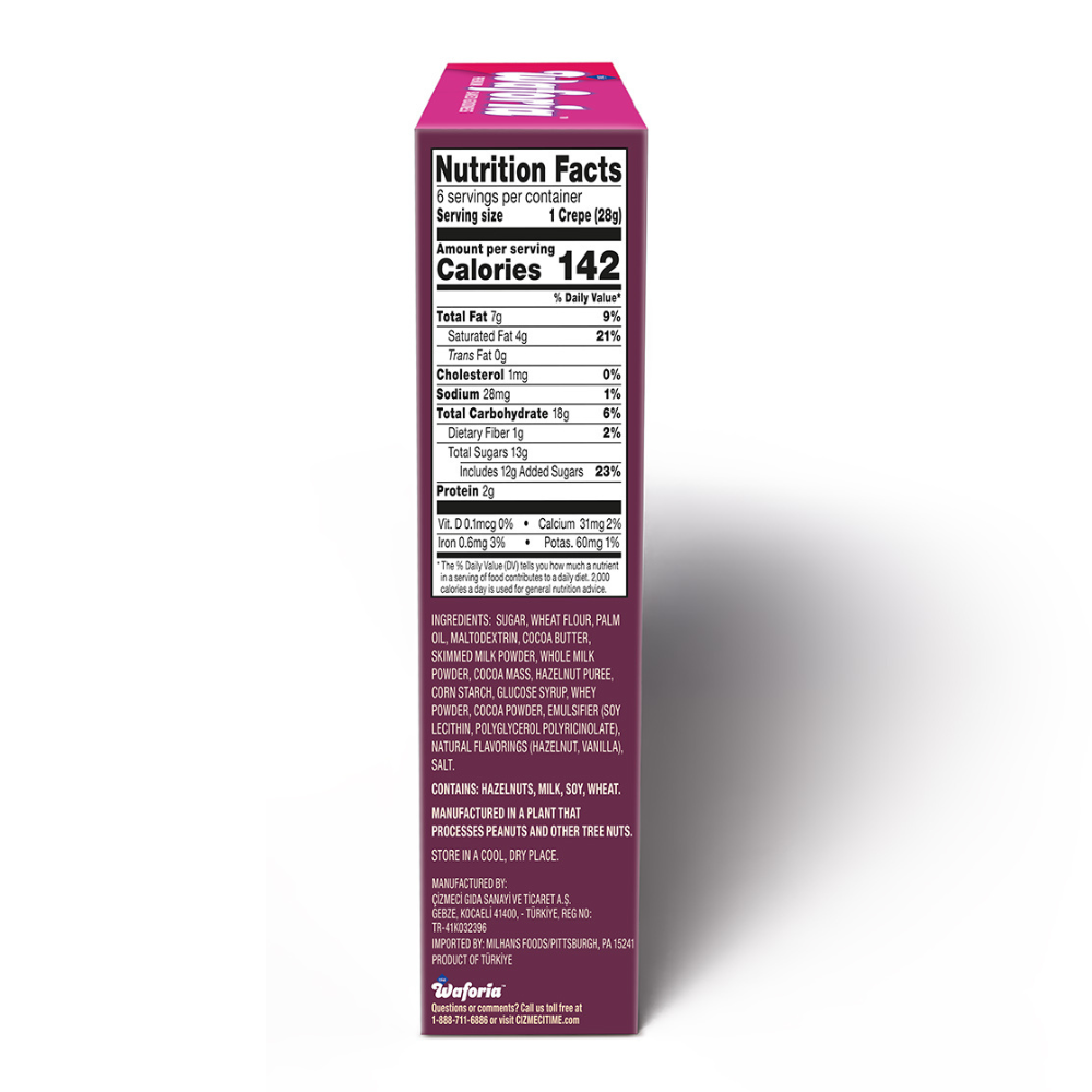 Nutrition facts label on a purple box with white background