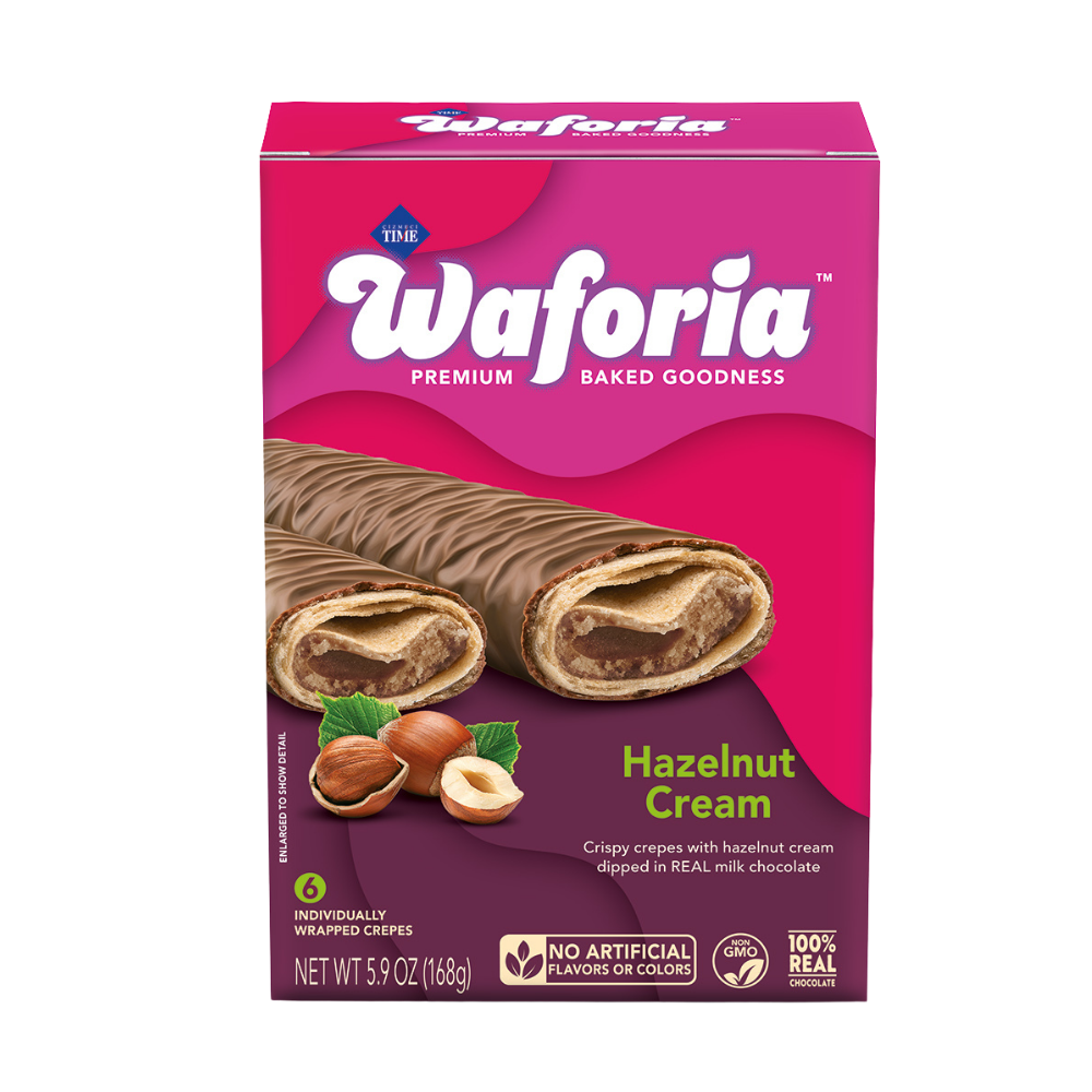 Waforia Hazelnut Cream crepes packaging on a white background