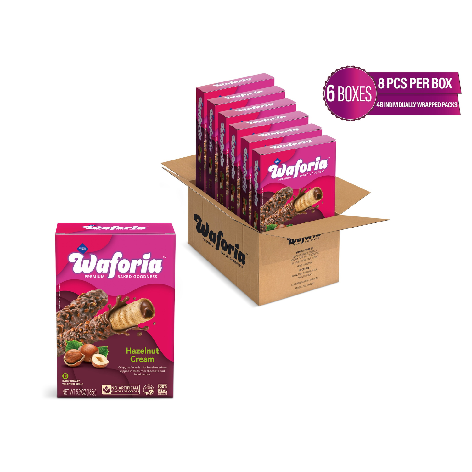 Waforia hazelnut cream bars packaging with a cardboard box containing multiple boxes on a white background.