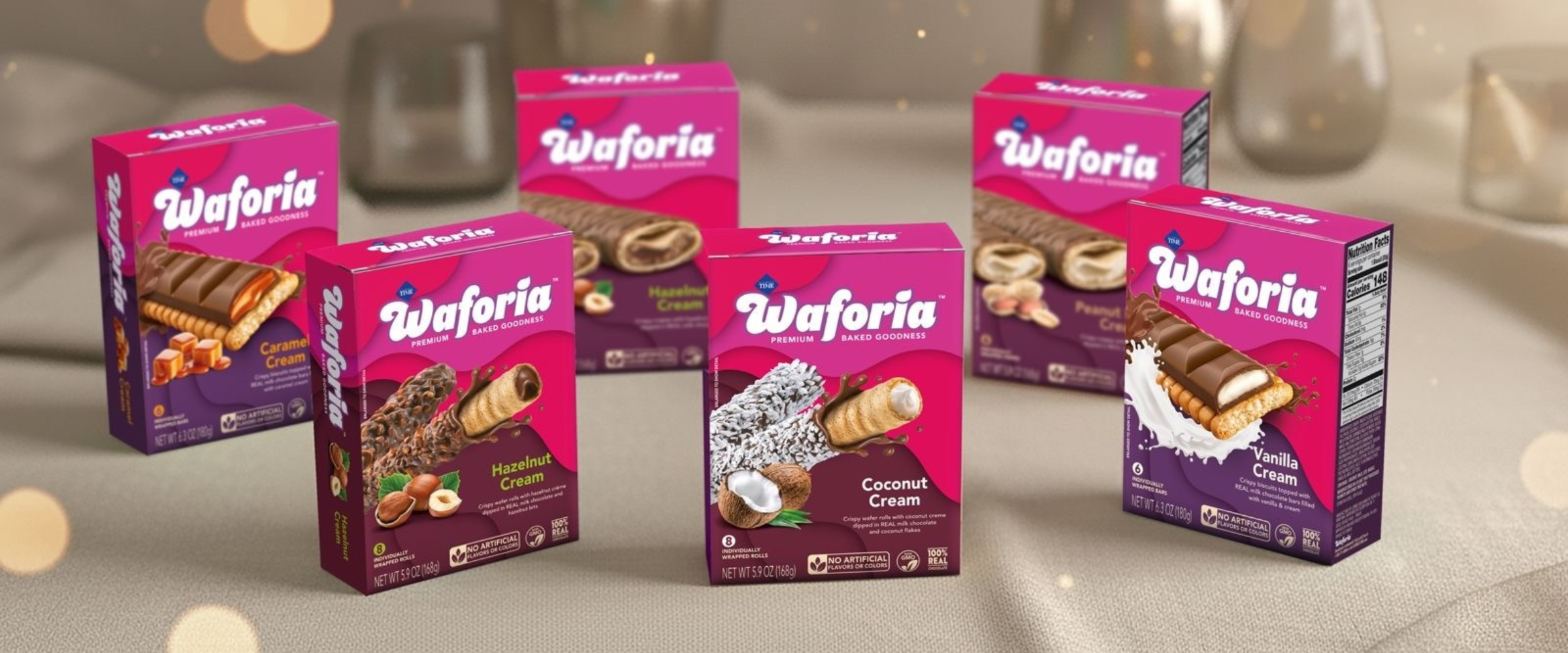 Waforia snack boxes on a neutral background