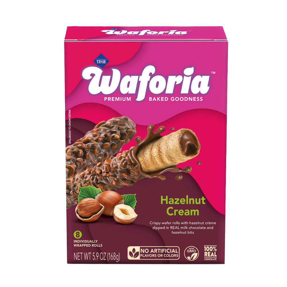 Waforia Hazelnut Cream wafer box with chocolate and hazelnuts on a white background