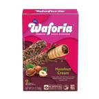 Waforia Hazelnut Cream wafer box with chocolate and hazelnuts on a white background