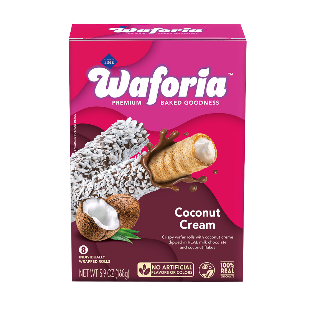 Waforia Coconut Cream wafers packaging on a white background