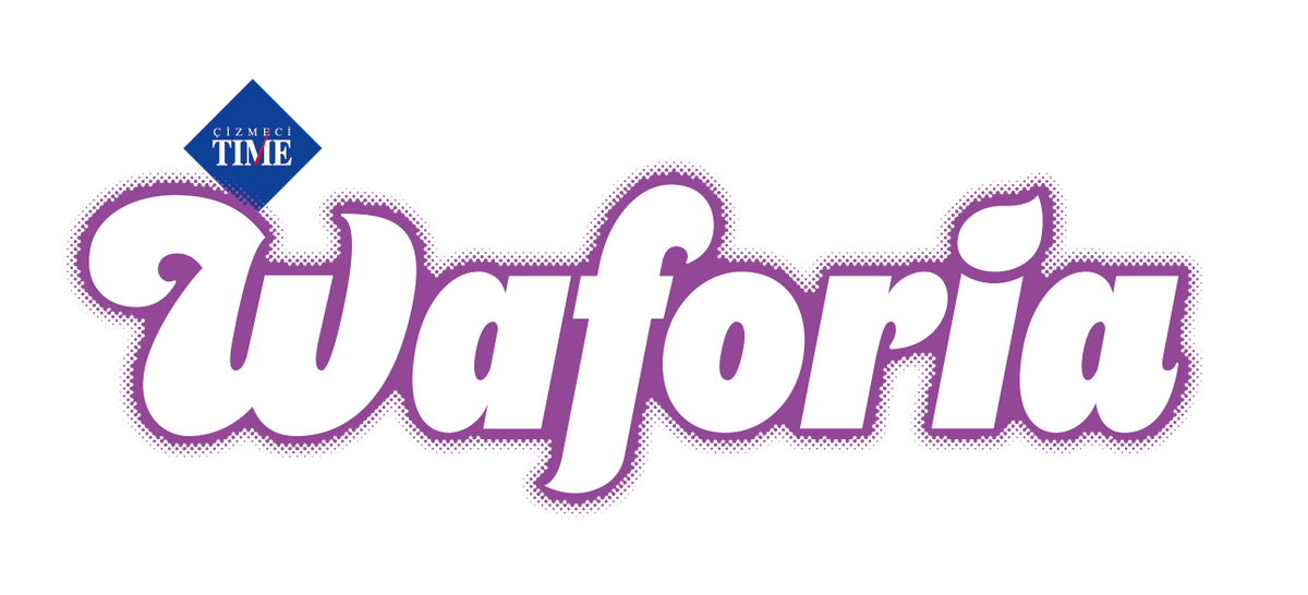 The Waforia logo features stylized white cursive lettering with a purple dotted outline, accompanied by a blue diamond-shaped 'Time is Worth' emblem in the upper left, set against a solid white background.