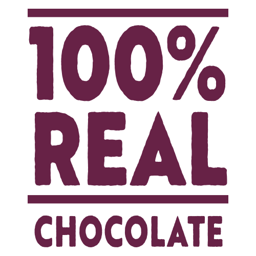 A square graphic with the words '100% REAL CHOCOLATE' in dark purple text on a white background, with horizontal purple bars above and below the main text.