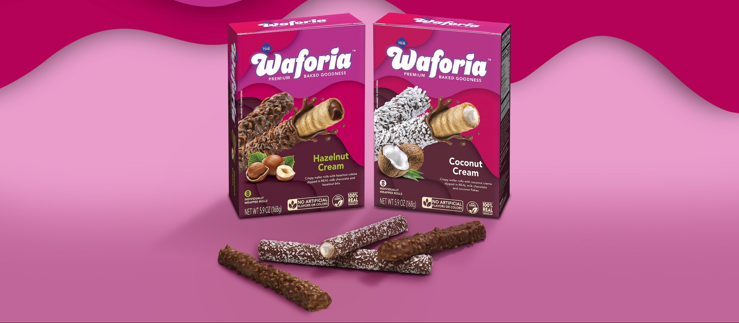 Waforia snack bars with packaging on a pink background