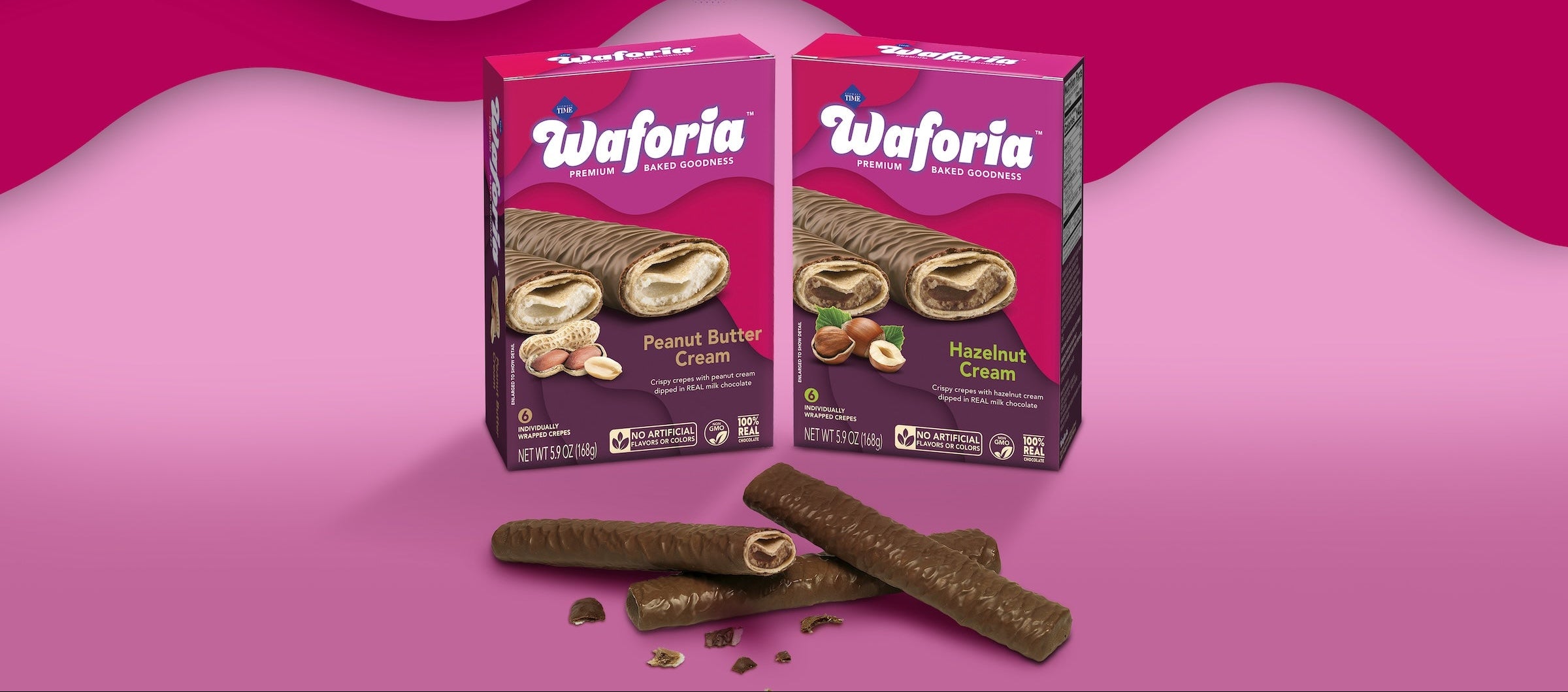 Waforia wafer cookies packaging on a pink background
