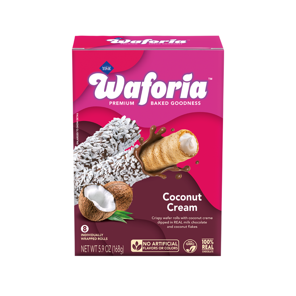 Waforia Coconut Cream wafer box on a white background