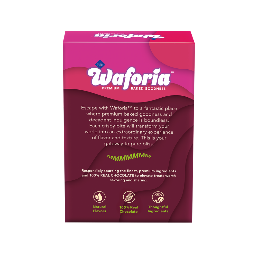 Waforia baked goods packaging with pink and purple design on a white background