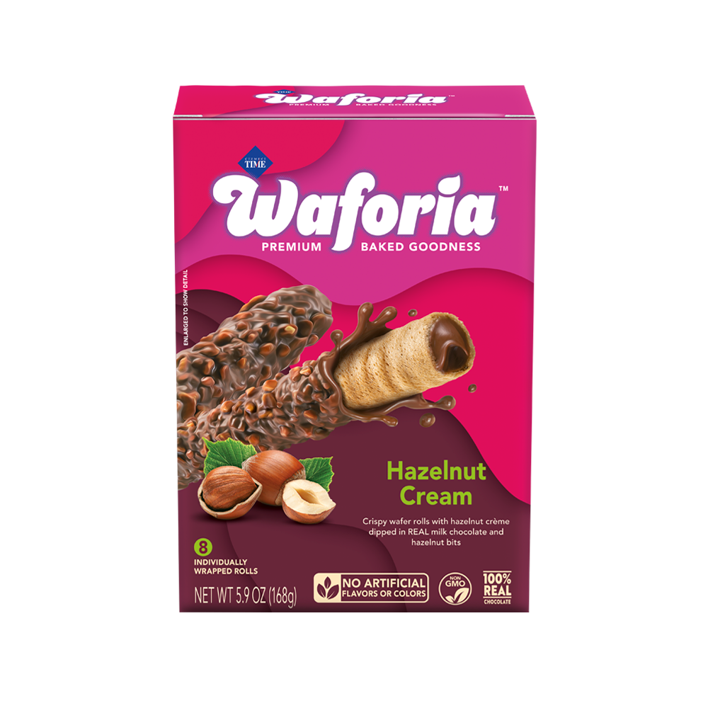 Waforia Hazelnut Cream wafer box on a white background